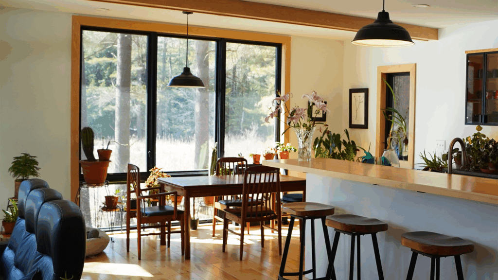 Interior shot of edge of kitchen counter and dining room with large windows.