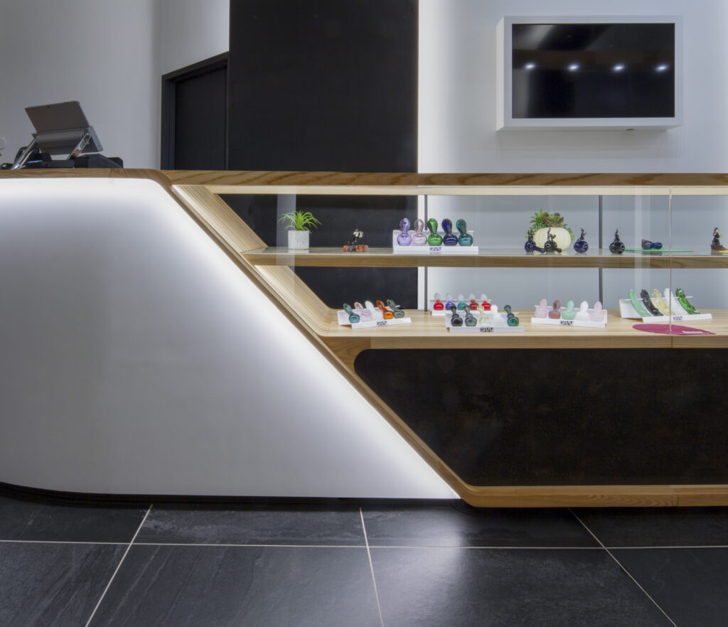 Detail Shot of the sales counter and display cases.